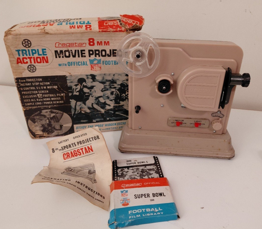 Vintage 3918-1 CRAGSTAN 8mm Triple Action Movie Projector w/ Super Bowl Reel