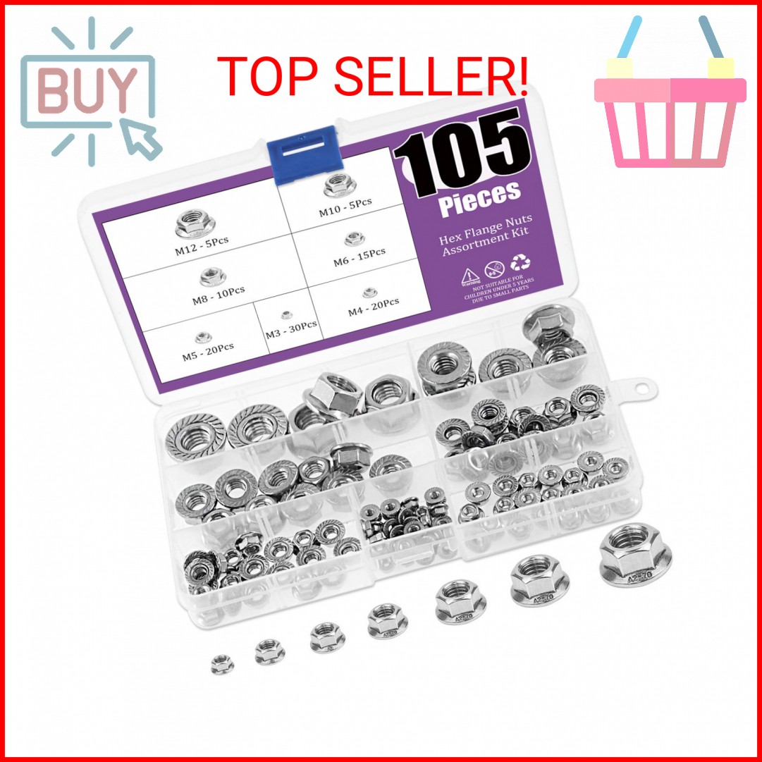 Swpeet 105Pcs 304 Stainless Steel Serrated Metric Flange Nuts Hex Lock Nuts Asso