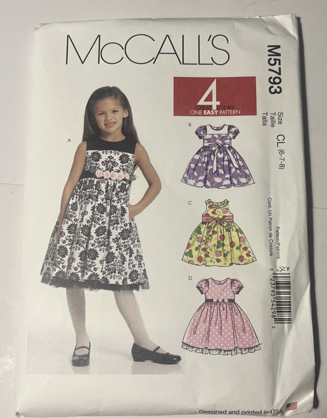 McCalls 5793 Girls' Lined Dresses Sz(6-8) New Uncut