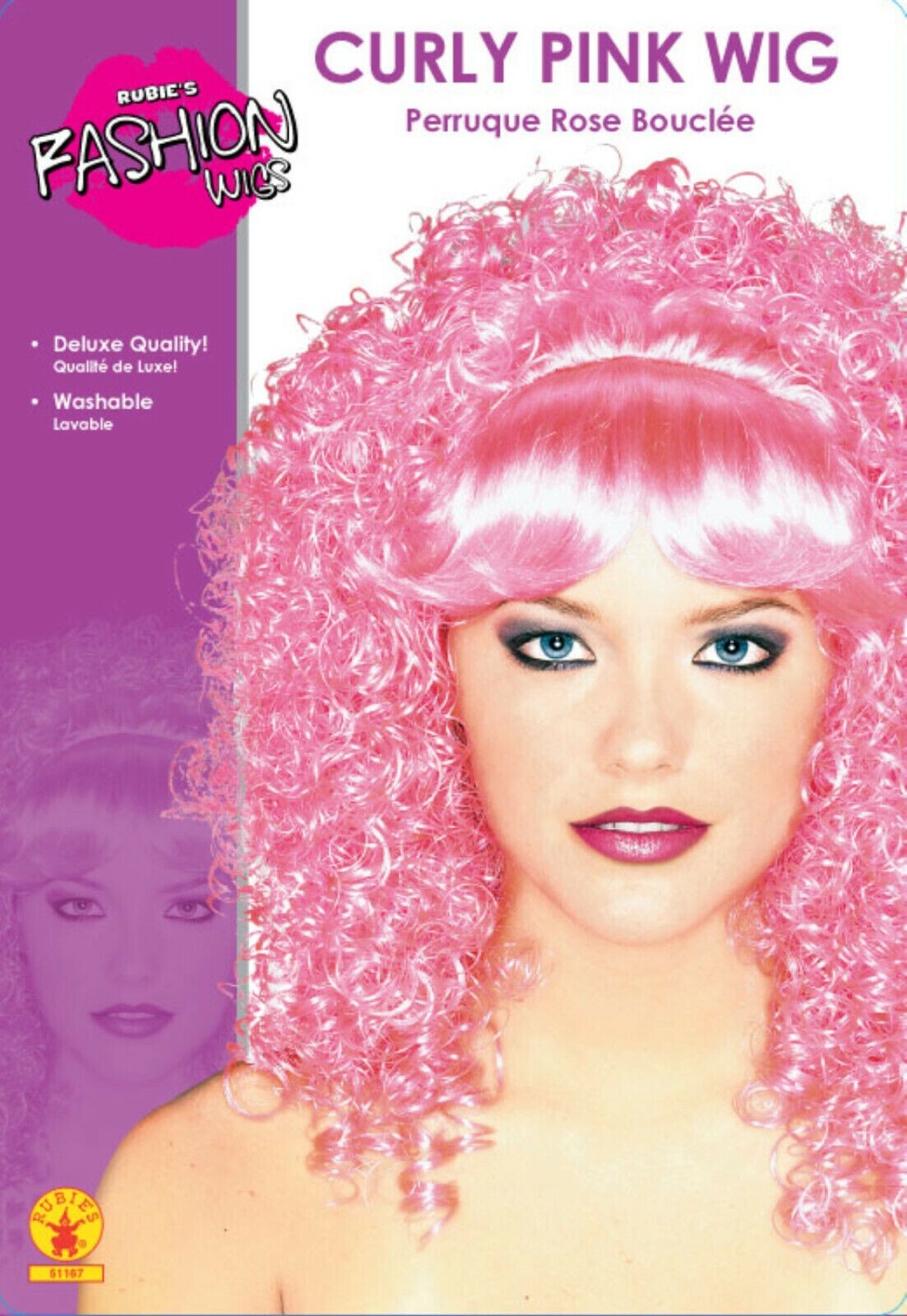 LADIES ADULT CURLY PINK WIG w/ BANGS by RUBIE'S ~ NEW IN PKG