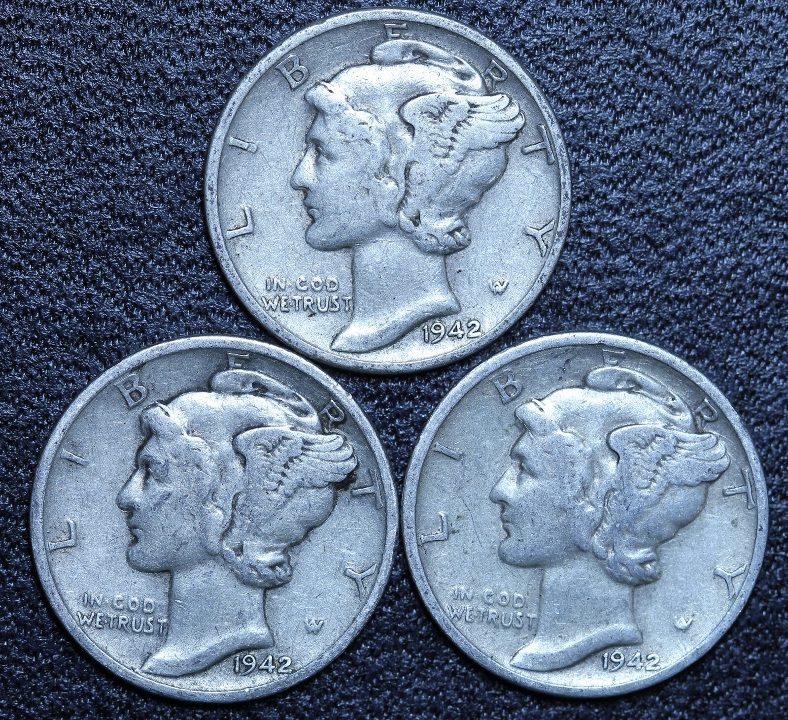 1942 P D S (3 PIECE LOT) Mercury Silver Dimes CIRCULATED GOOD / VG FREE SHIPPING