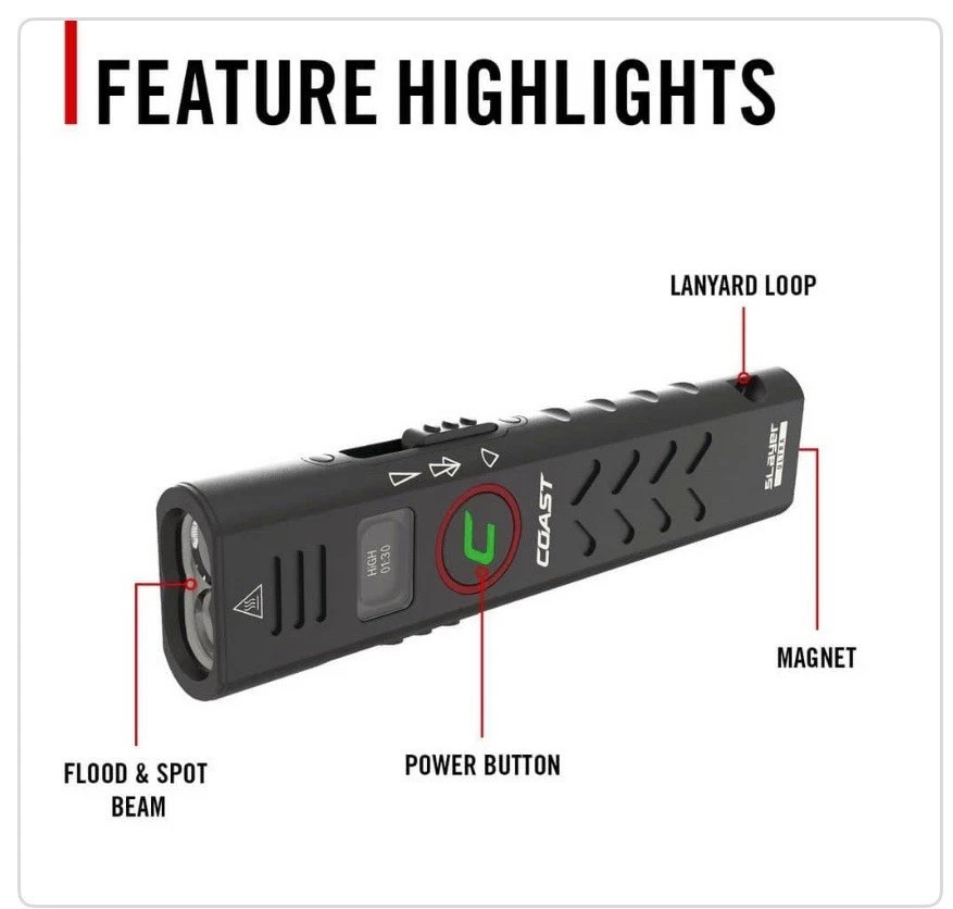 COAST Slayer 2000 Lumens USB-C Rechargeable Flat EDC Flashlight Magnet Tactical