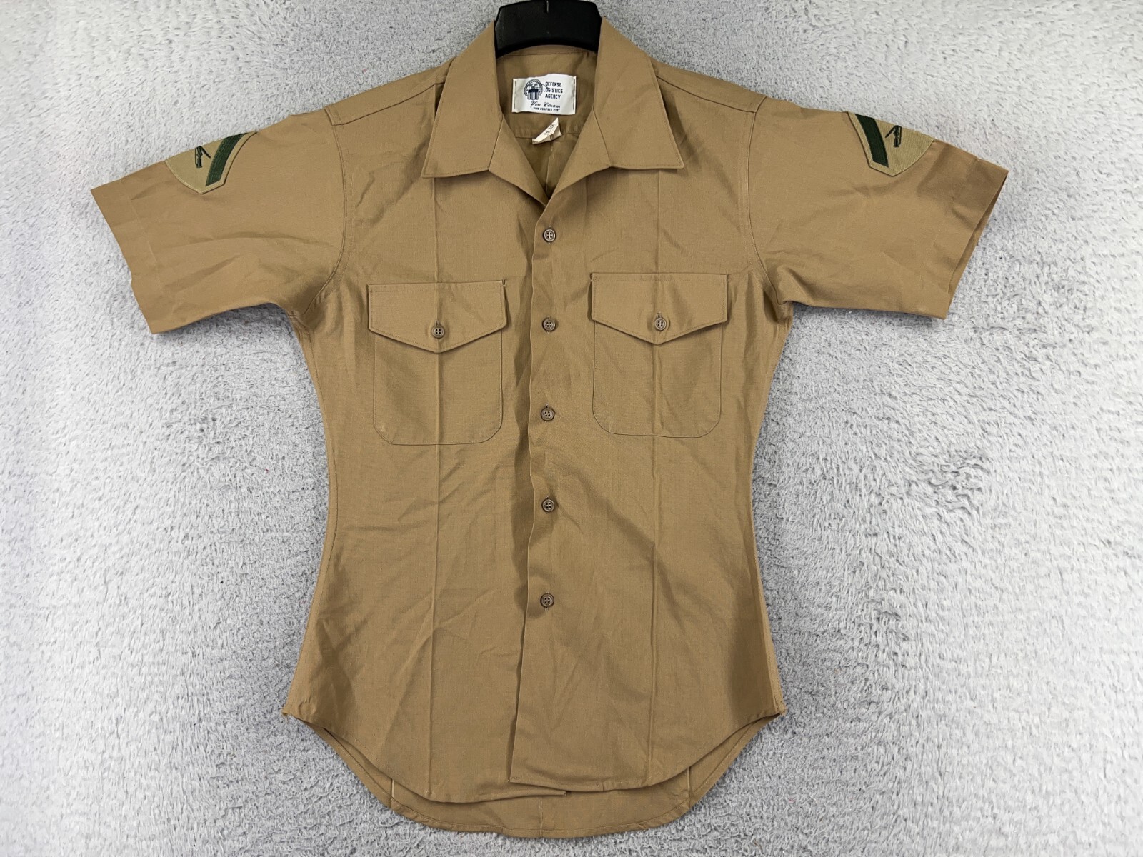 USMC Shirt Adult 15 1/2 Tan Button Up Blouse Uniform Short Sleeve Tapered Poly