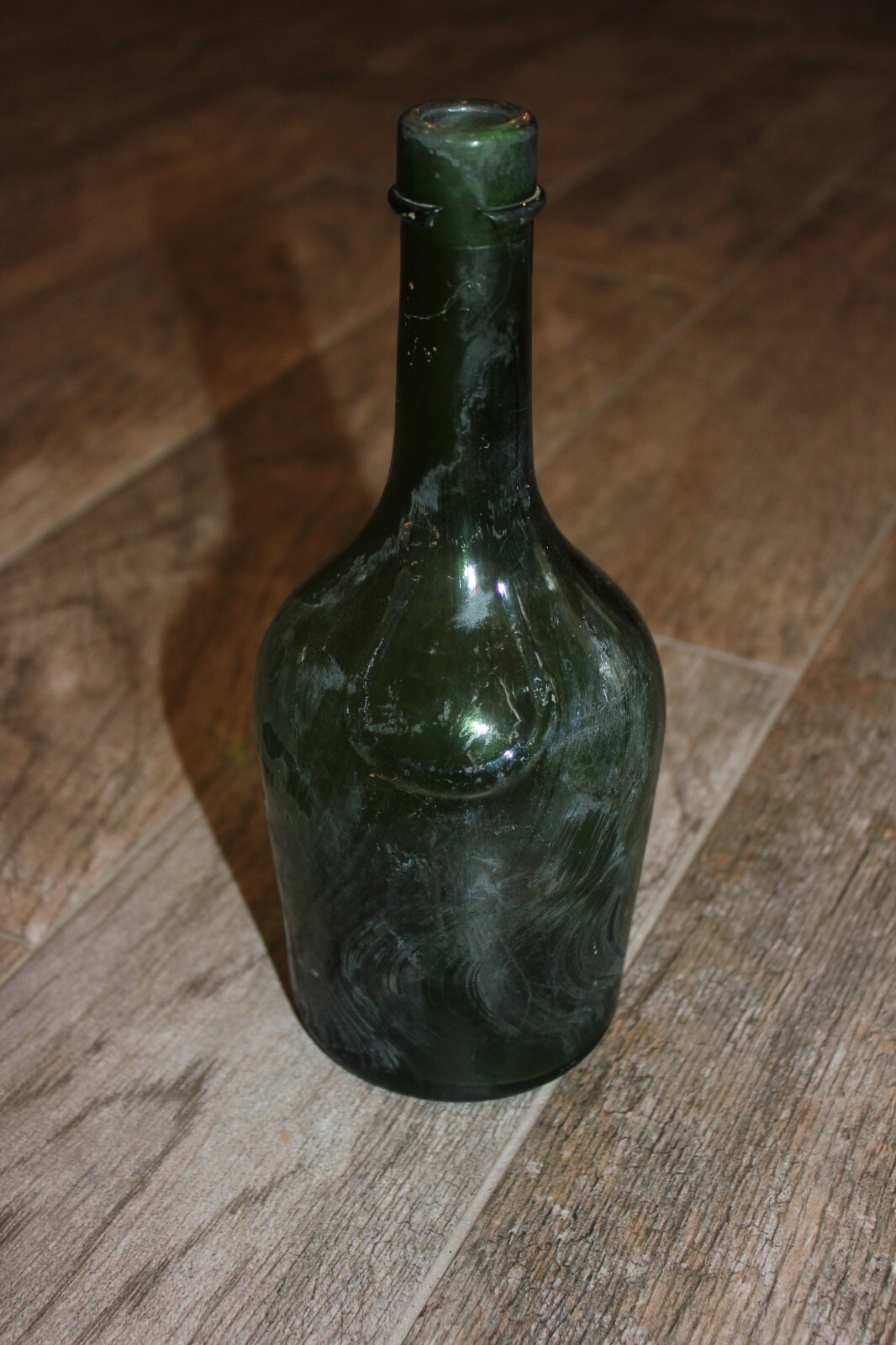 OLD Swirly Rippled Primitive Olive Green Glass Bottle 9 3/4" Tall. Marked FGC 13