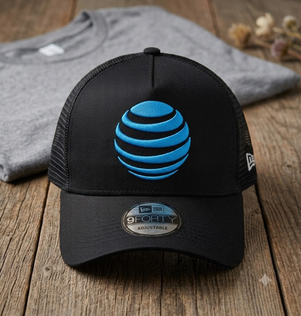 AT&T Blue Globe Embroidered Baseball Hat Black Trucker Cap Vintage Retro