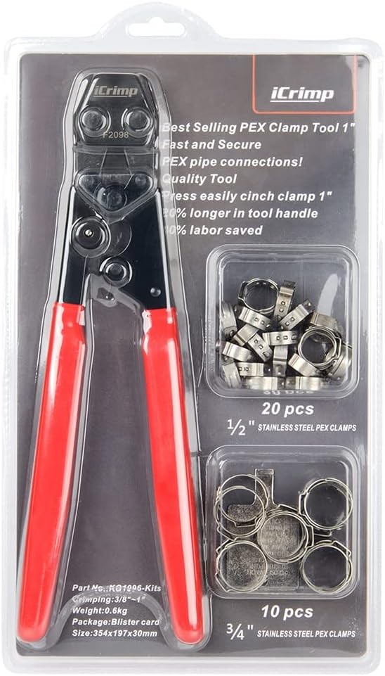 iCrimp PEX Clamp Cinch Tool Kit 3/8"–1" w/ SS PEX Clamps & Calibration Tool