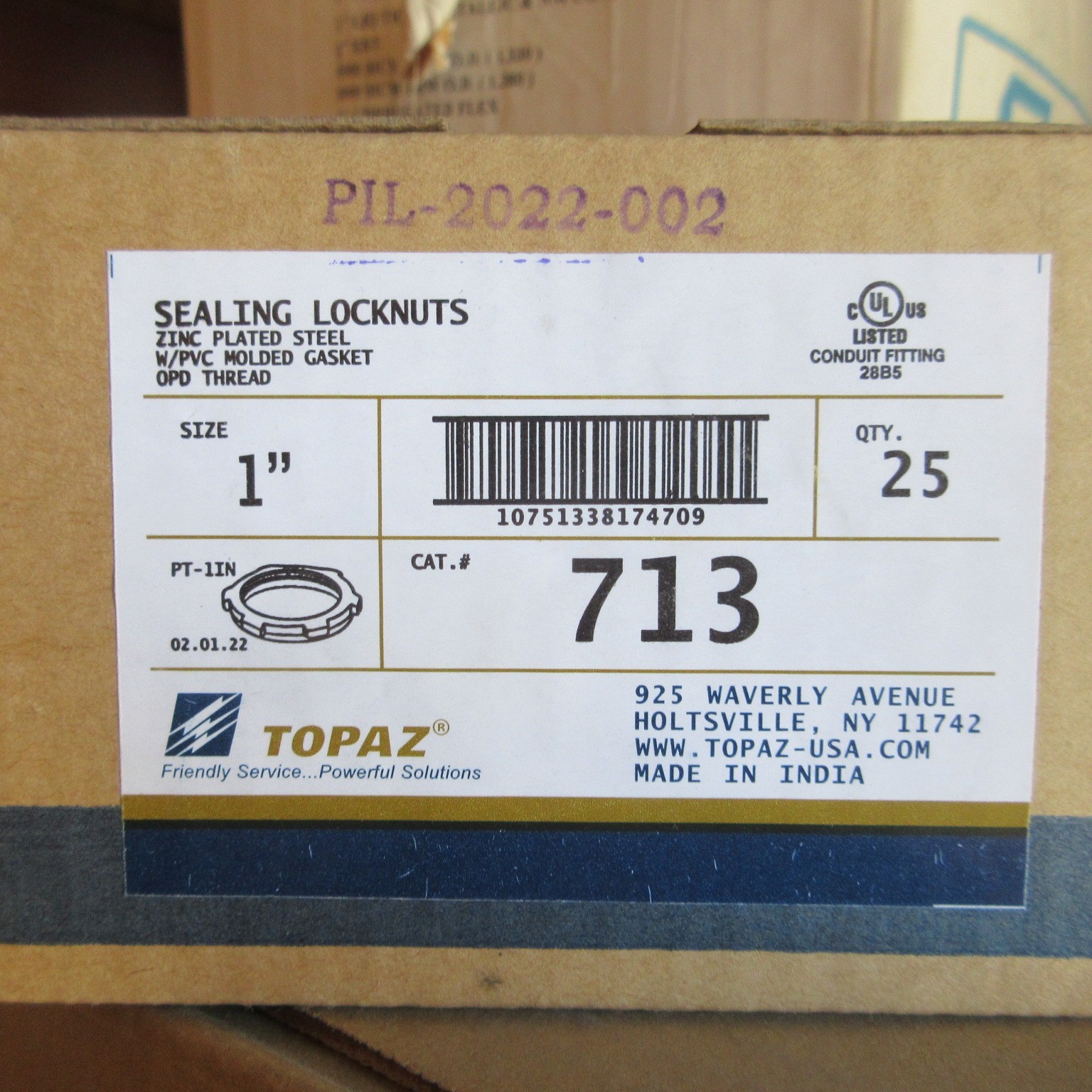 Box of 25 Topaz 713 1” Steel Sealing Locknuts ~New !!