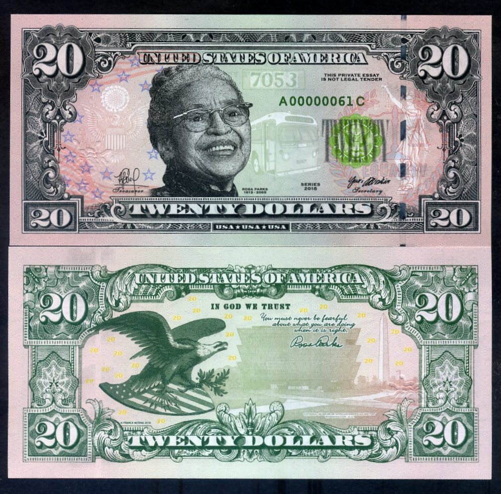 USA, $20, 2018, private Issue, essay design, Rosa Parks, Washington Monument