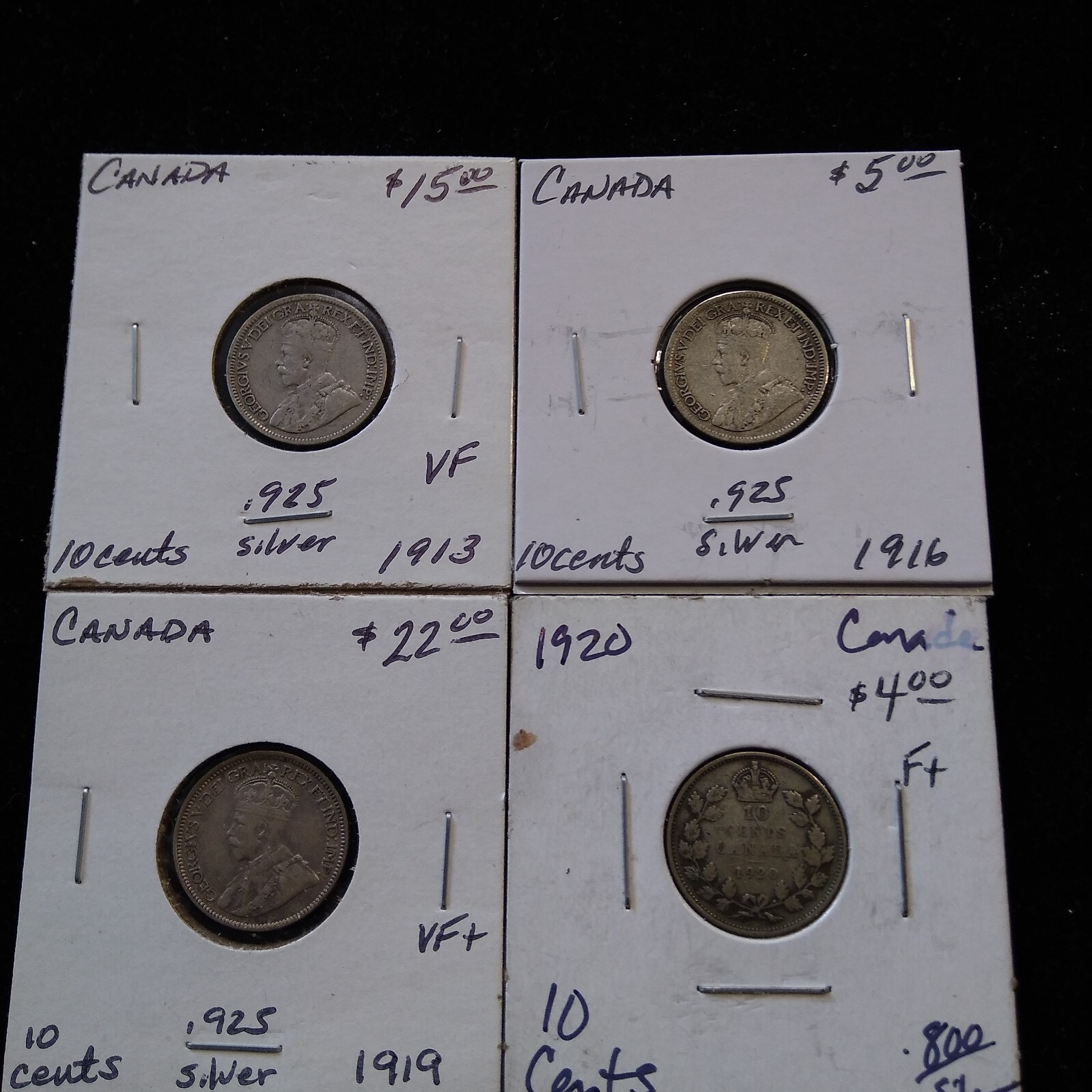 Lot of 4 Canada 10 Cent Silver Coins (1913-1920)