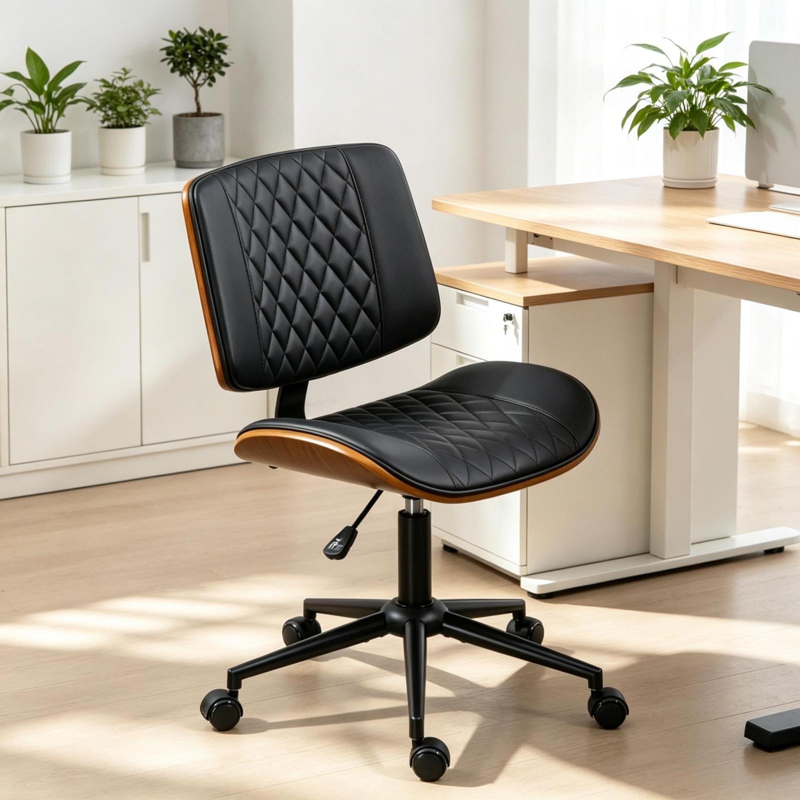 Modern Armless Office Chair, Swivel Rolling Desk Chair, Black & Brown