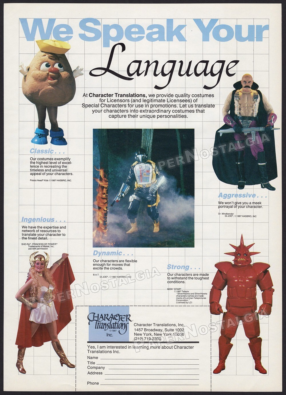 CHARACTER TRANSLATIONS Costumes – Orig. 1987 Trade AD / poster – GI Joe – She-Ra