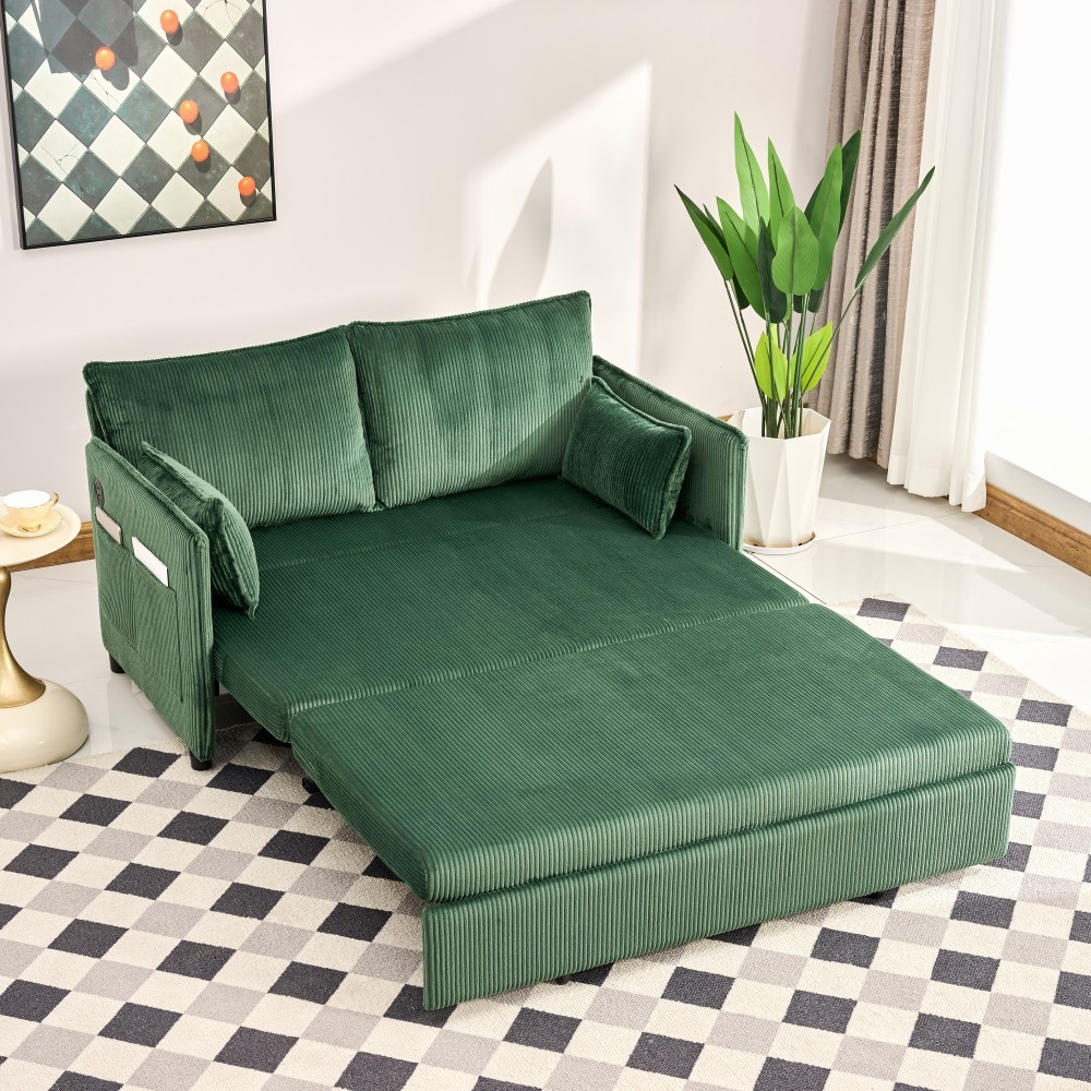 55" Convertible Sofa Bed w/ USB Ports, Corduroy Upholstery, Green