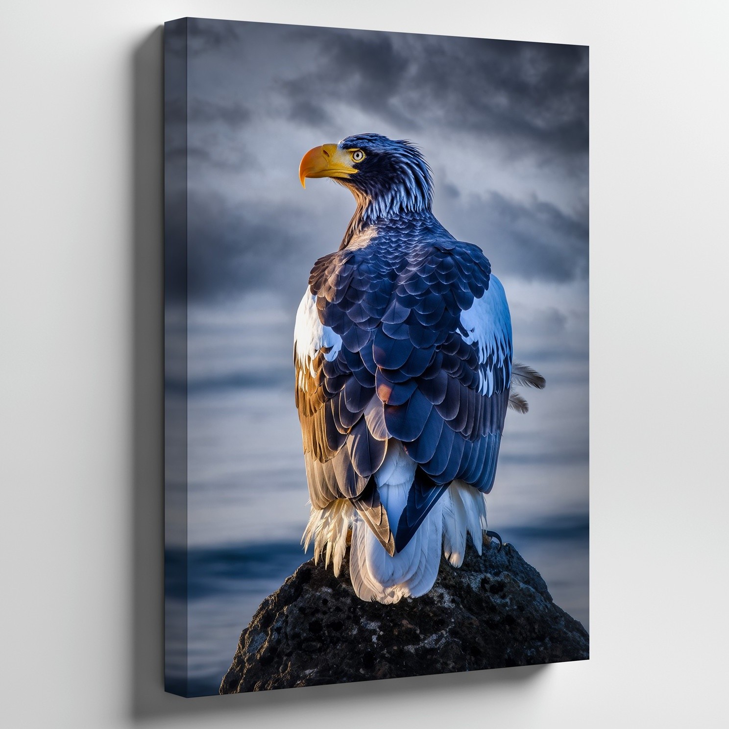 Wall Art Majestic Eagle Perched Atop A Rugged Rock, Showcasing Vibrant Blue And