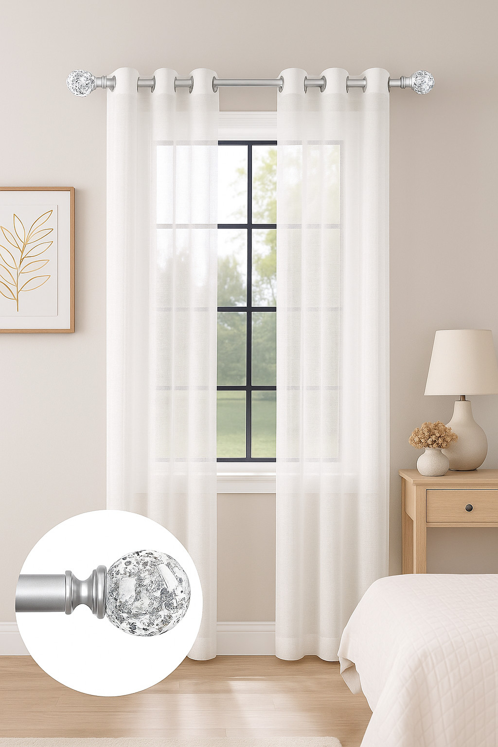 Decorative Curtain Rod with Crystal Finials Adjustable 18-45" Telescoping Silver