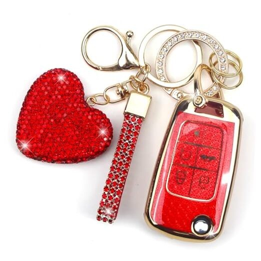 Key Fob Cover with Diamond Keychain for Women, Car Key Holder Red-heart