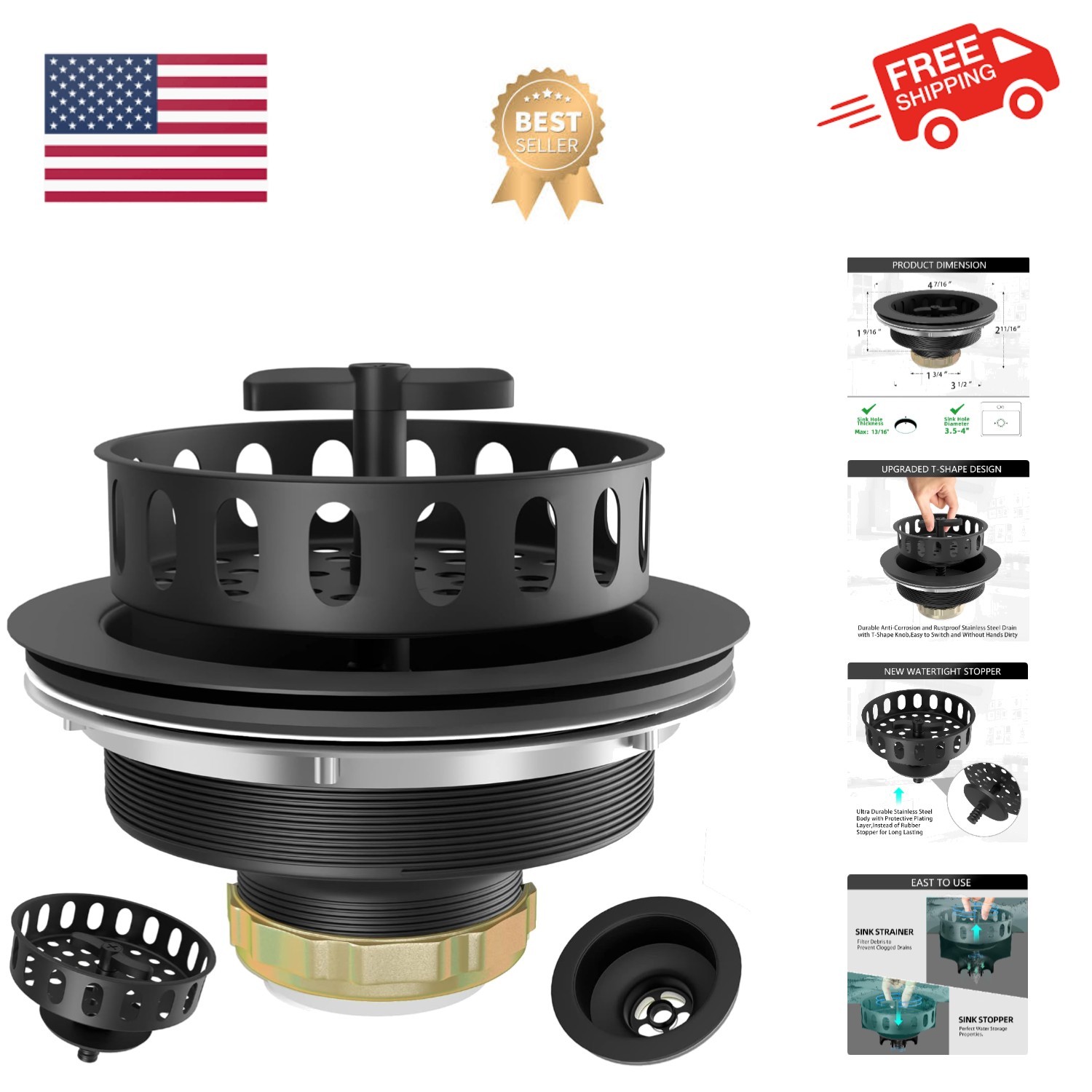 Black Sink Drain 3-1/2 Inch Kitchen Sink Drain Strainer Assembly Kit with Sta...