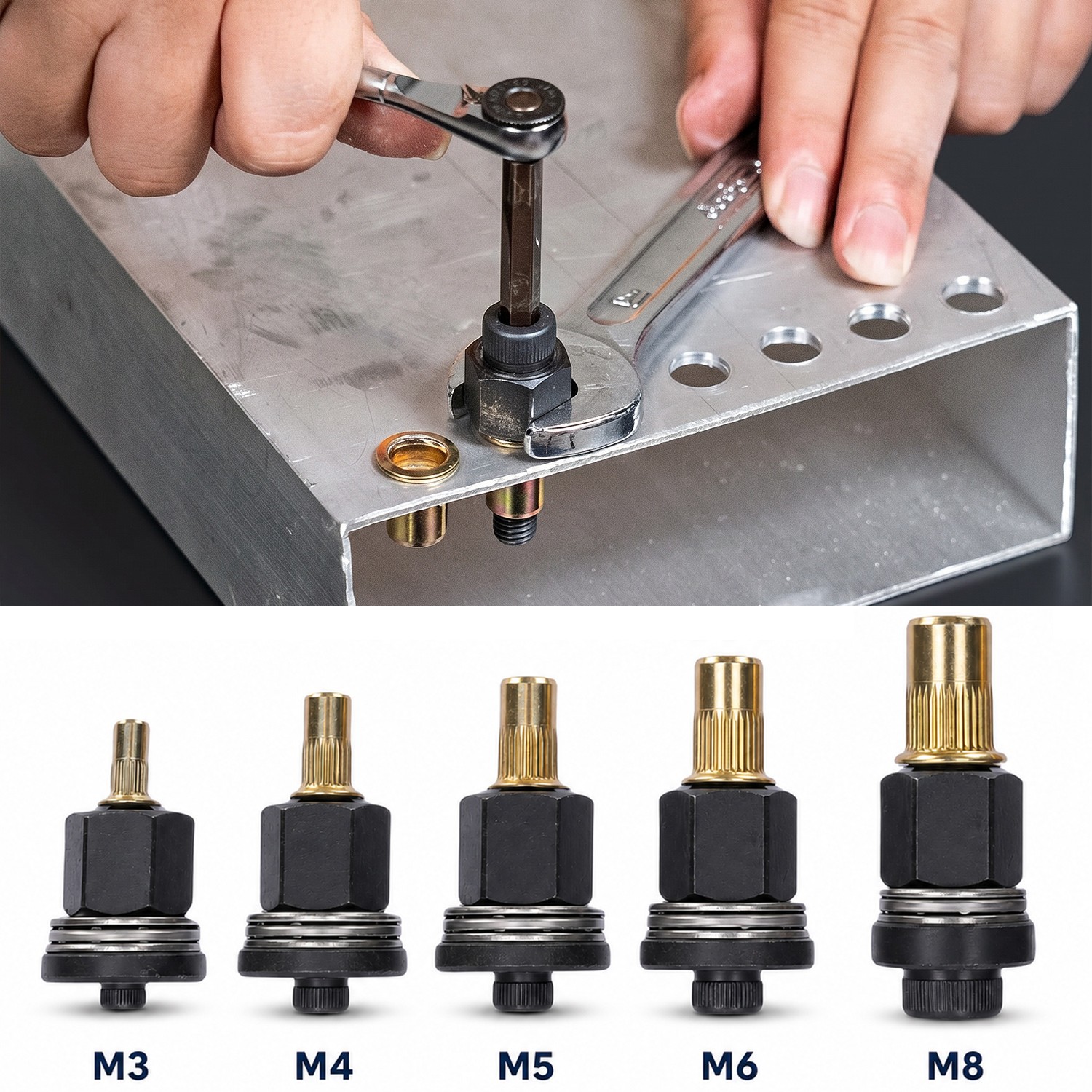 5 Sizes Rivet Nut Tool Mandrel Set, Heavy Duty Carbon Steel Rivnut Tool Heads