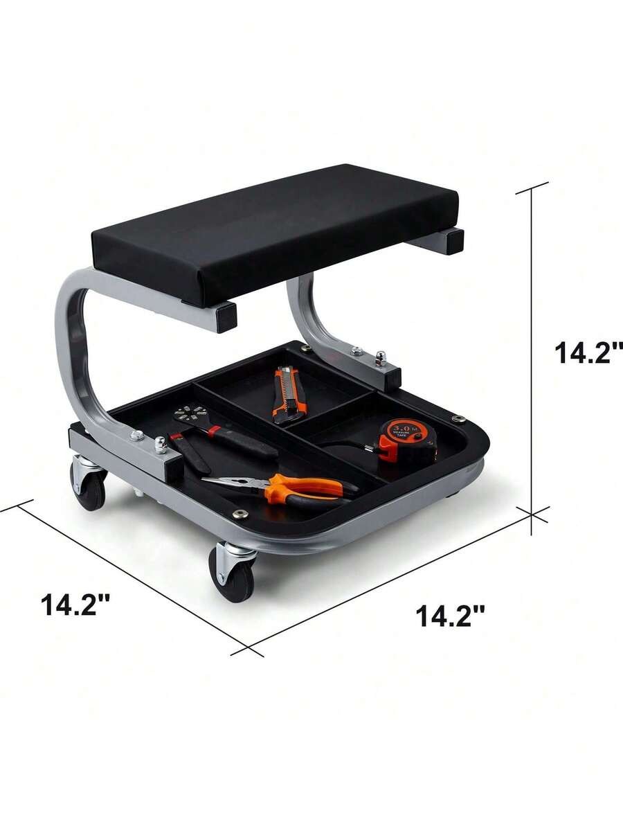Black garage work stool with wheels, 250 lbs capacity, padded.