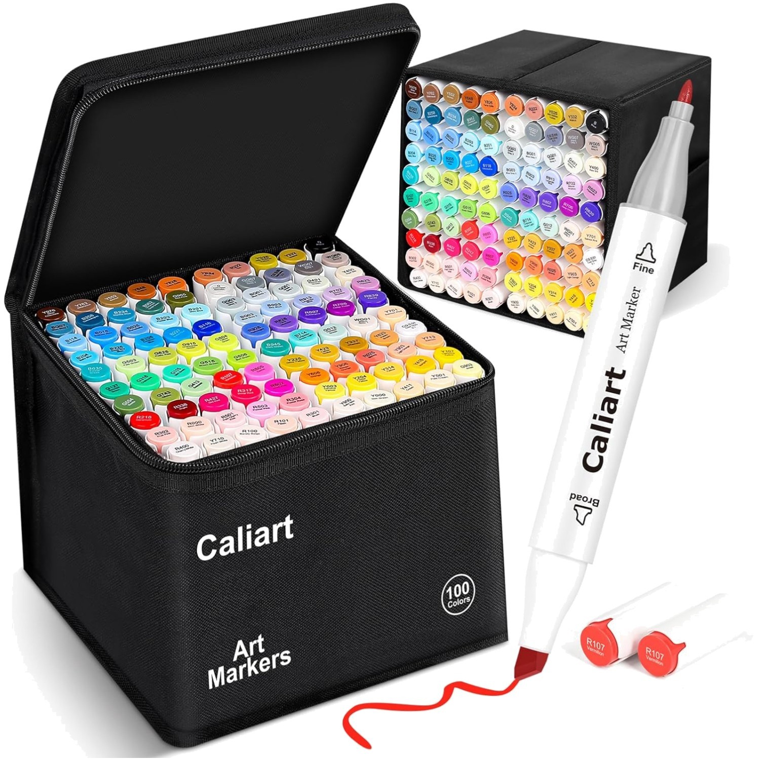 Complete 100 Color Art Marker Set - Smudge-Proof Dual Tip with Organization Case