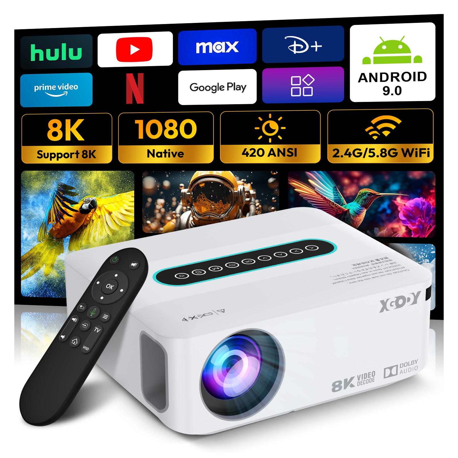 XGODY 4K Smart Projector 12000Lms 5G WiFi Bluetooth Android TV Home Theater UK