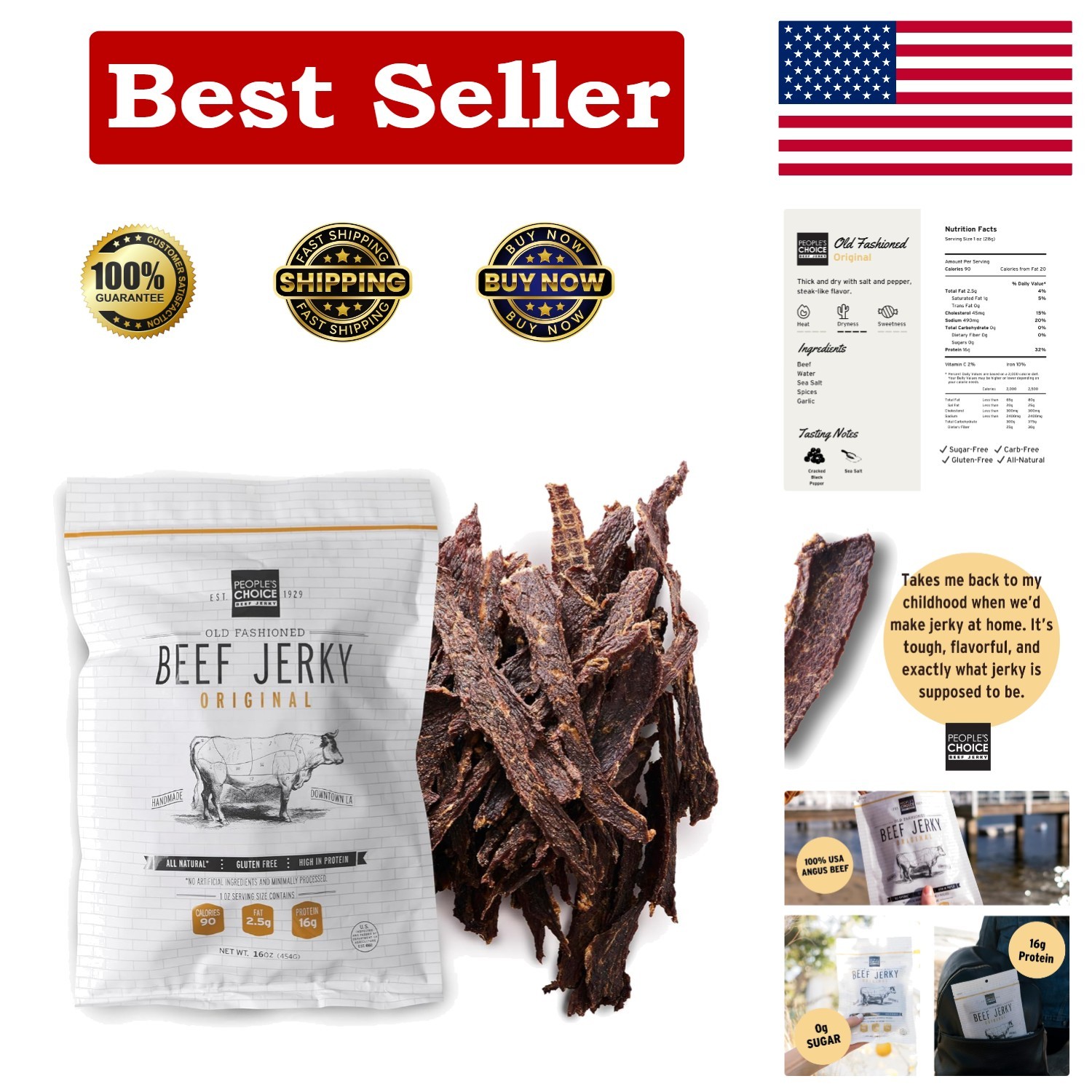 Old Fashioned Handcrafted Beef Jerky - Dry Texture, Keto Friendly, 16oz