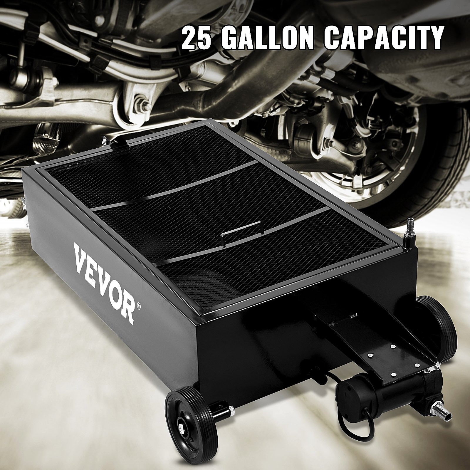 25 Gallon Low Profile Oil Drain Pan Tank w/ Pump Hose Casters for Car Truck SUV