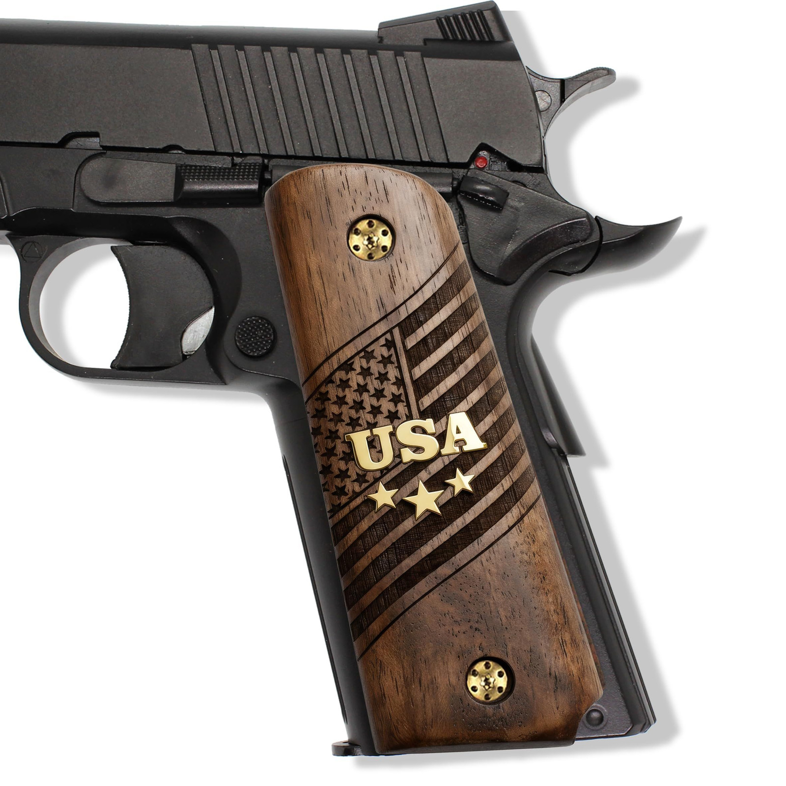 URAY 1911 Full Size Walnut Wood Grips – USA Aluminum Inlay & Laser Engraved...