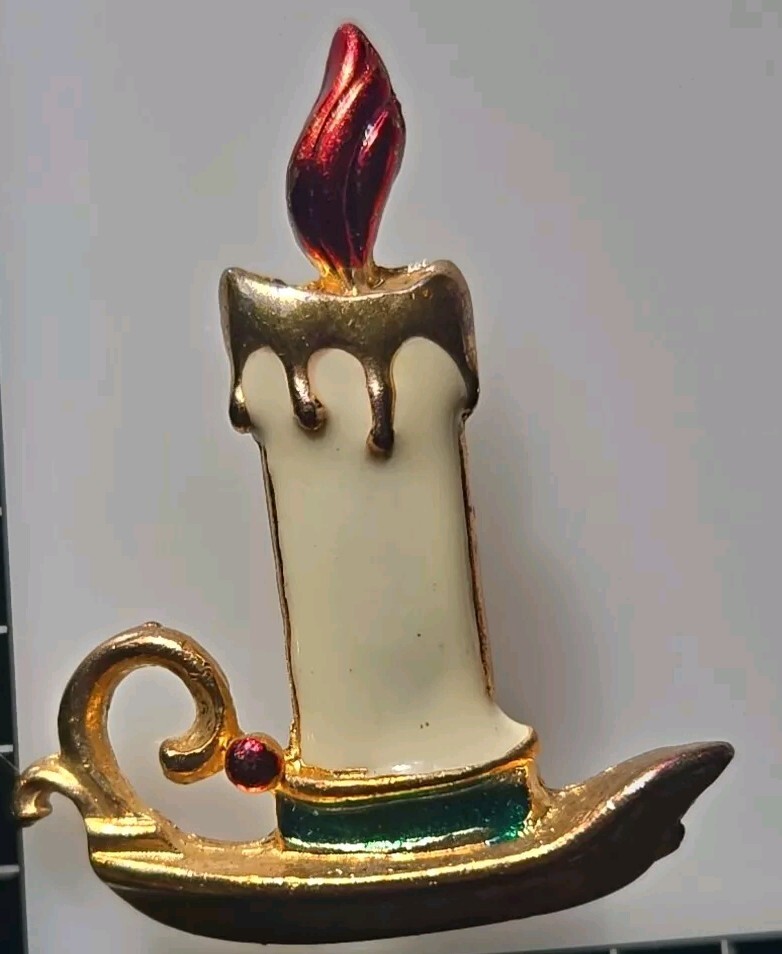 2 inch Metal Colored Christmas Pin Red & White Lit Candle SFJ