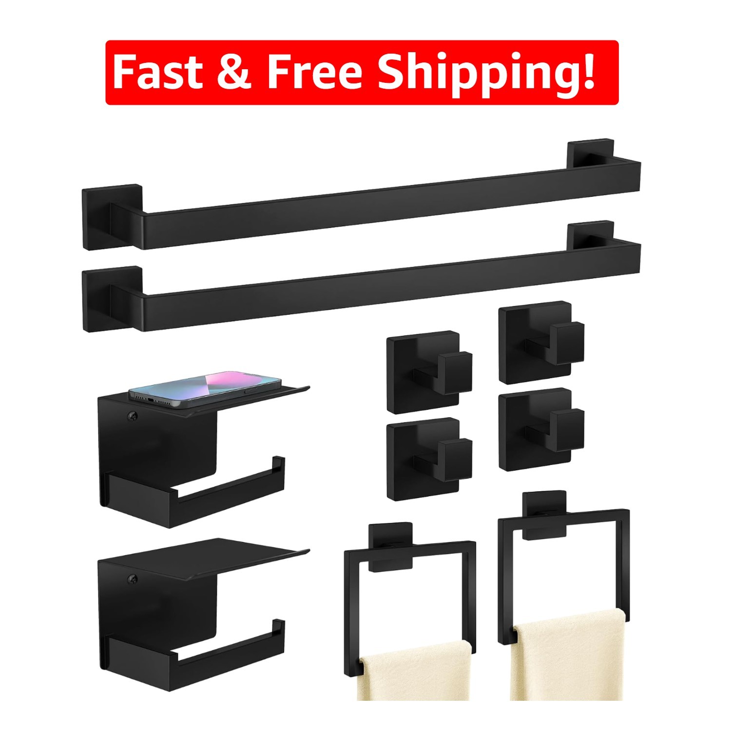 Stylish 10-Piece Matte Black Bathroom Accessories | Rust-Resistant Towel Bar Set