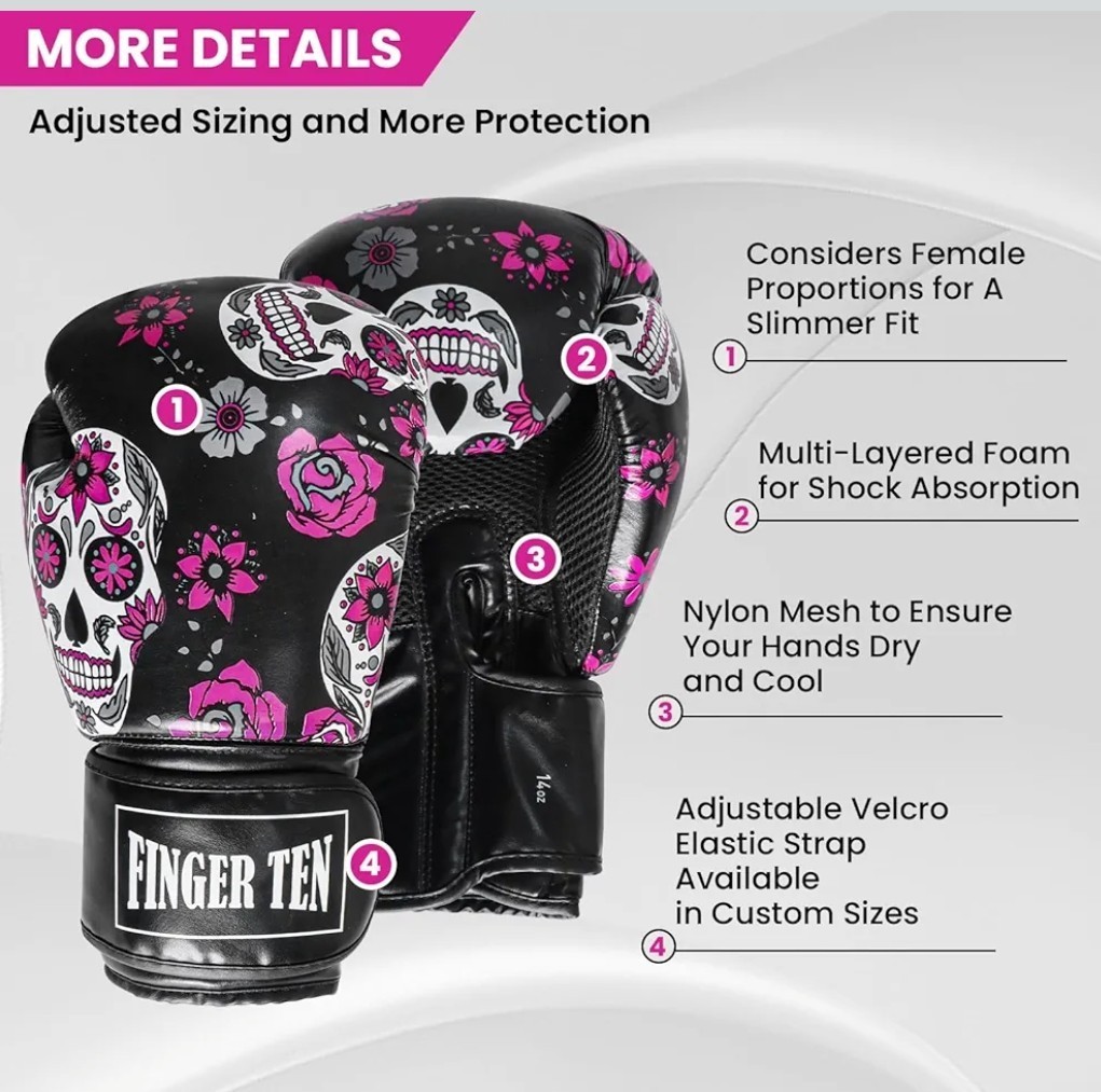 Boxing Gloves 14oz Women Punching Kickboxing Glove Black Leather