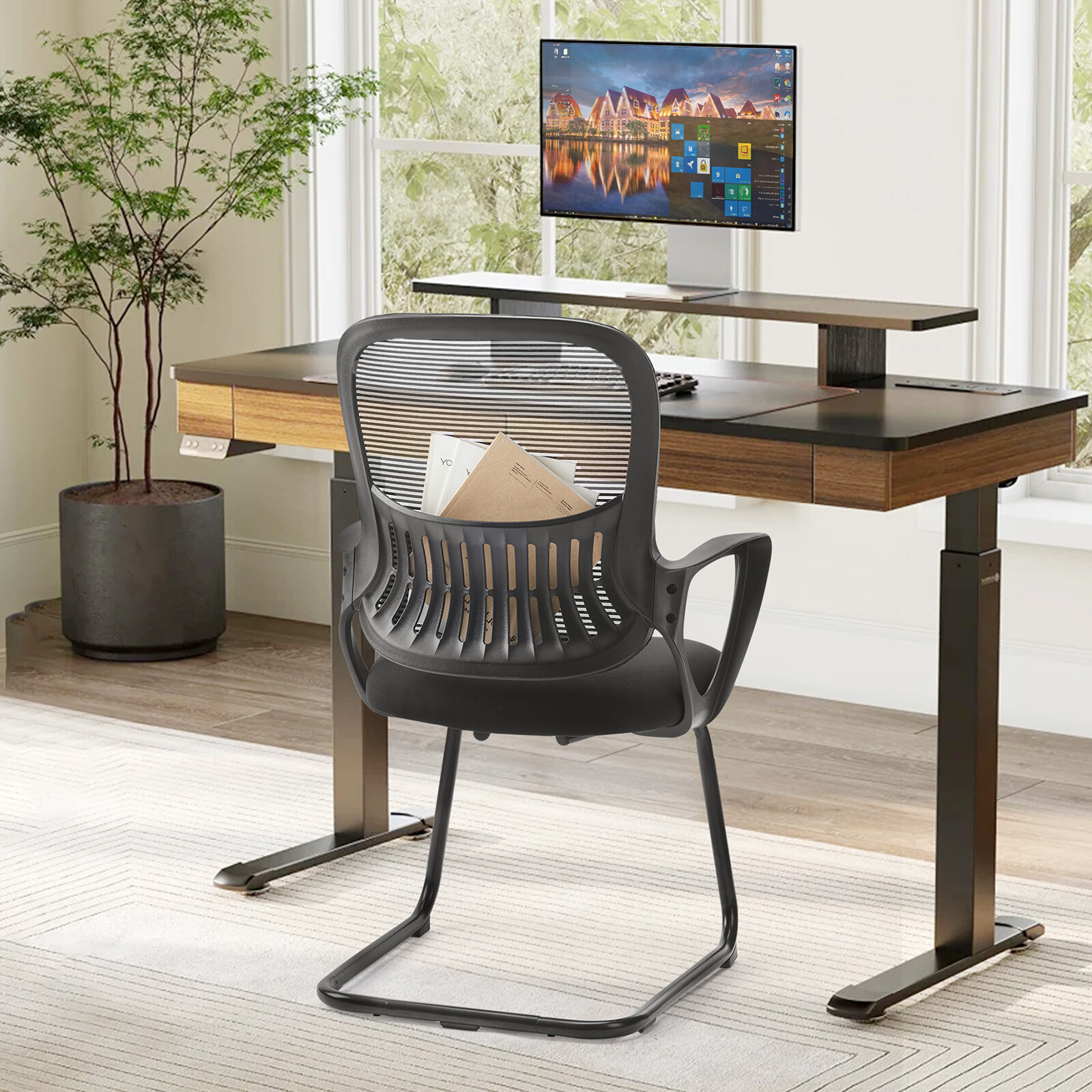 Mesh Office Chair Fixed Arm No Wheels Reception Conference Guest 1/2 Set