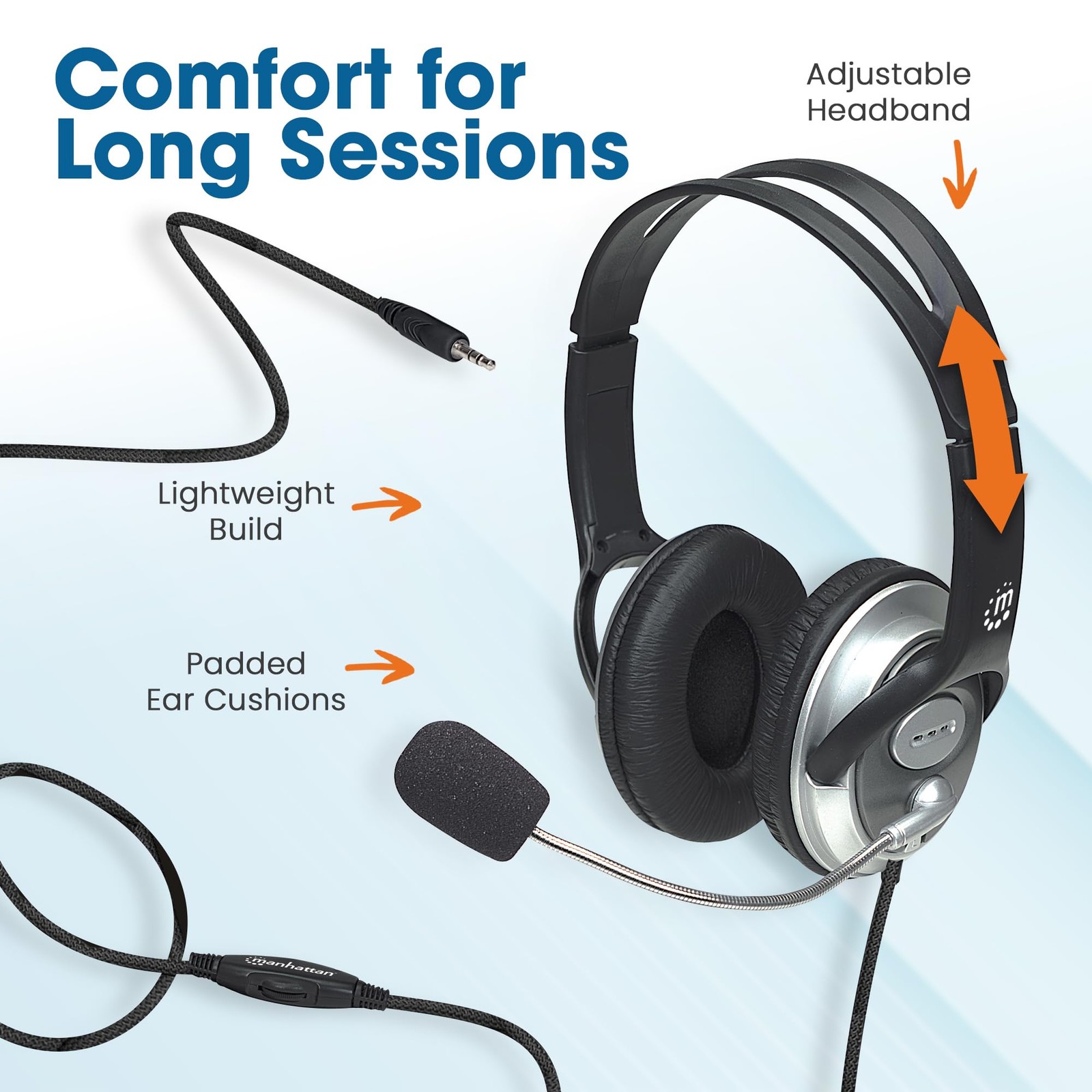 Wired Headset with Microphone, 8 ft Braided Cable, Volume Control, 3.5mm Jack