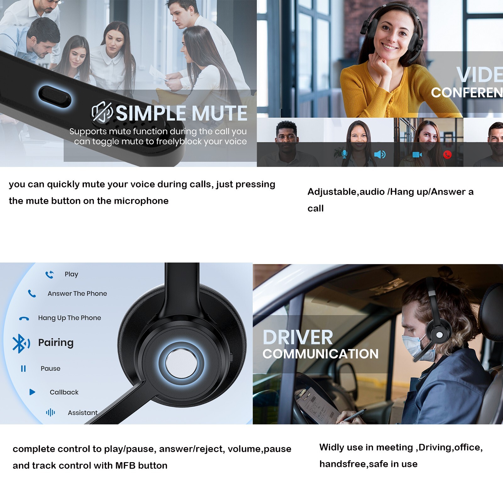 5.2 Bluetooth Headset Trucker Headphone w/Mic for iOS Android Cell Phone Office