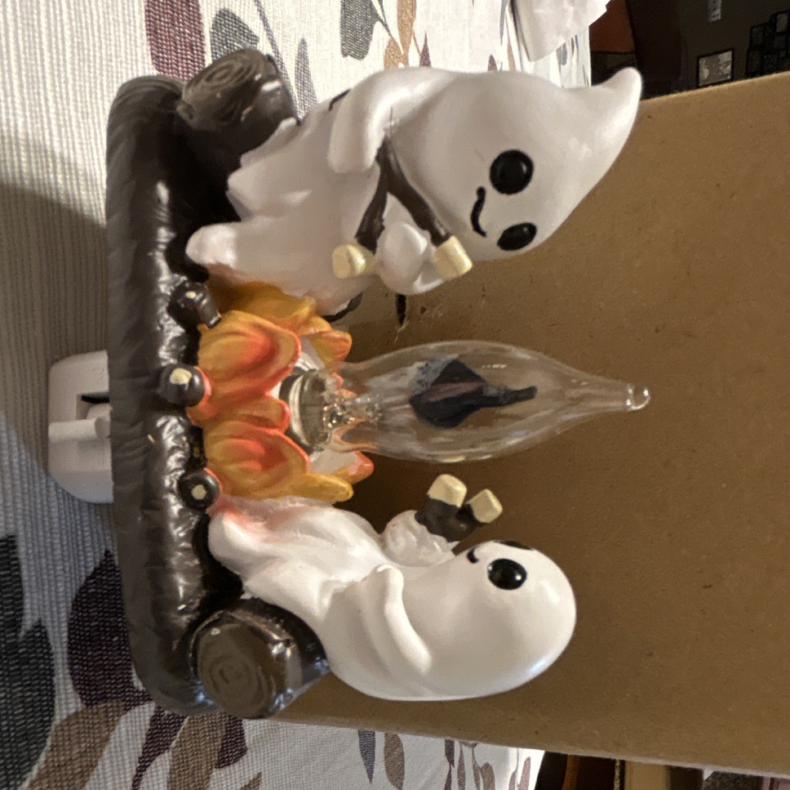 Halloween Ghosts Campfire Ceramic Electric Night Light Painted White Orange