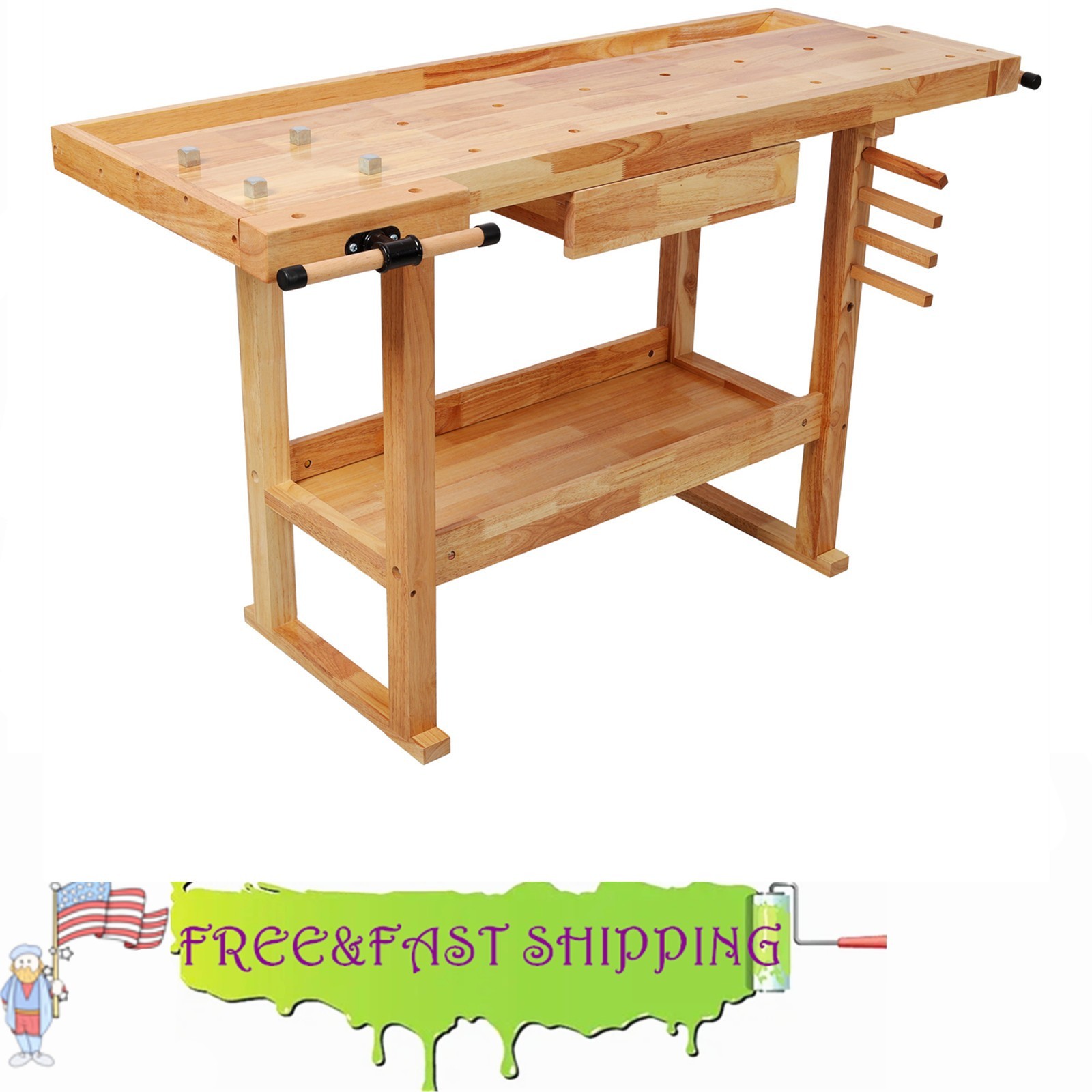 55" Wood Workbench Adjustable Handle 300Lbs Capacity with Storage Heavy Duty