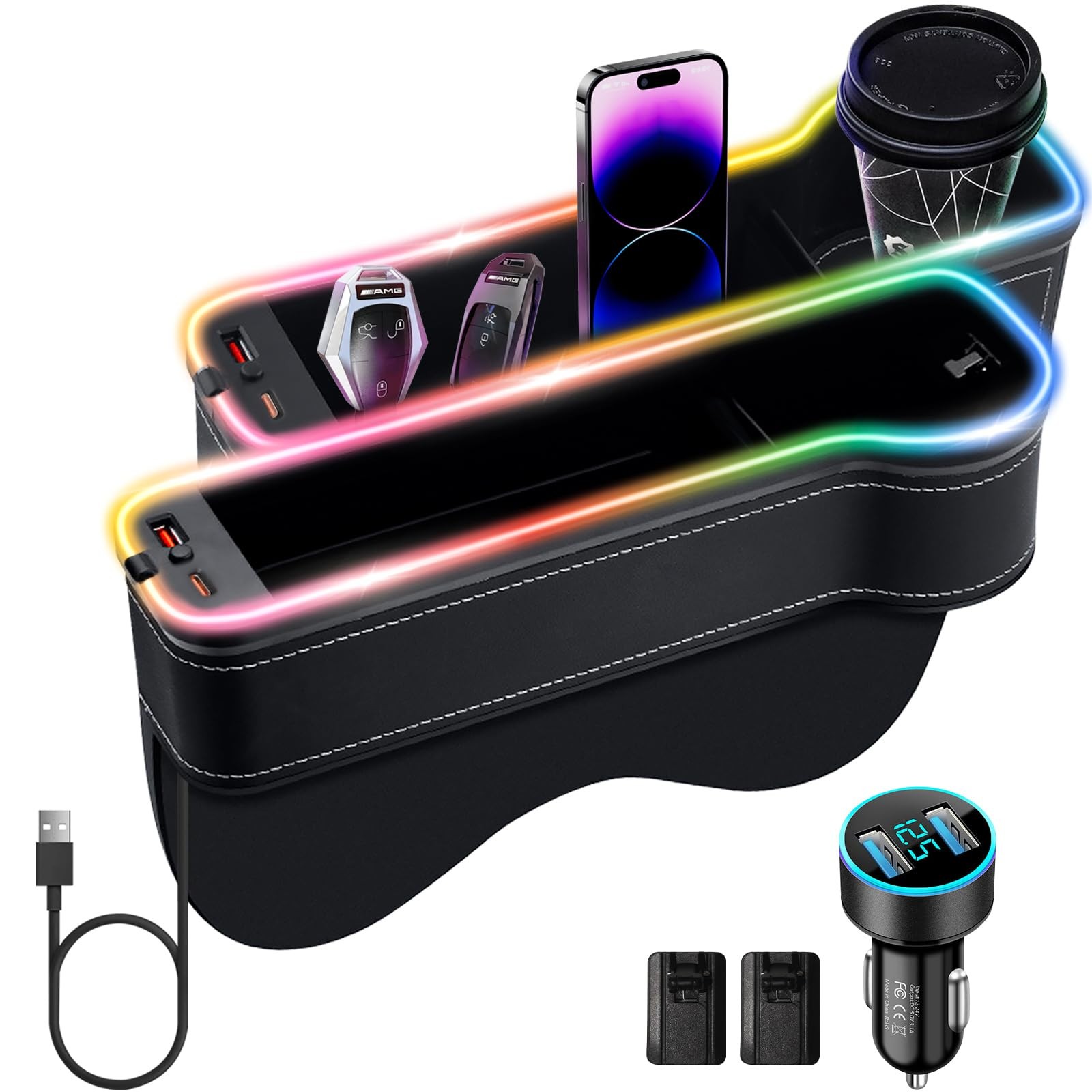 Aorsnlar LED Car Seat Gap Filler Organizer Car Gap Filler with 10 Light Music...