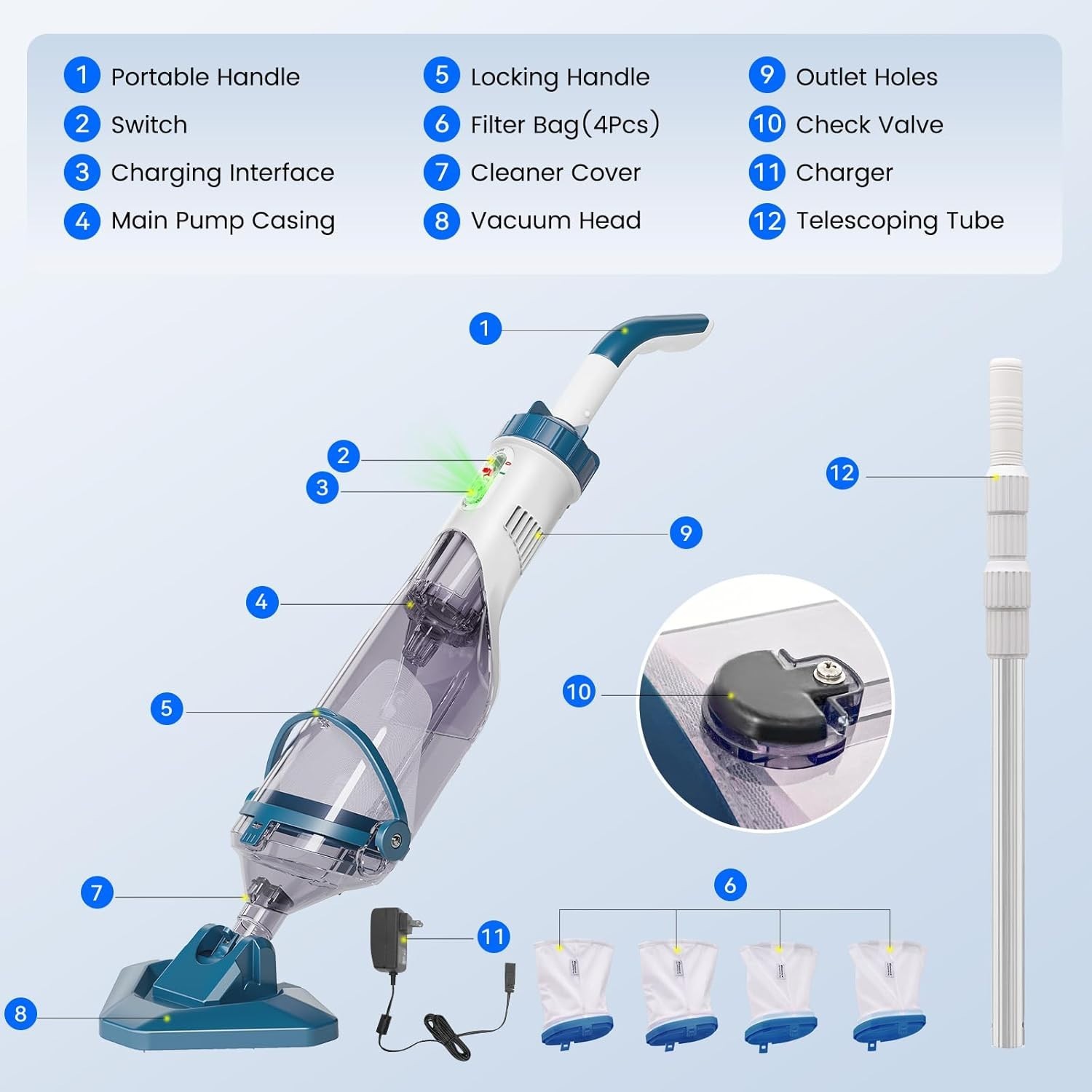 PC10 Pro Rechargeable Cordless Pool Vacuum, 60-Min Runtime, Powerful Suction