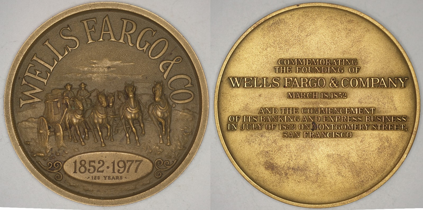 Vintage 1997 Wells Fargo Commemorative 3" Bronze Medal 1852-1977 w/box