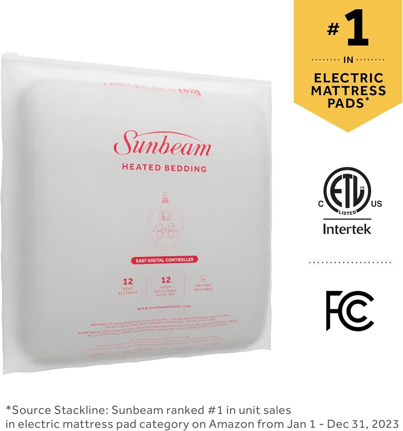Sunbeam Electric Restful Heated Mattress Pad, 12 Heat Settings, Twin, White