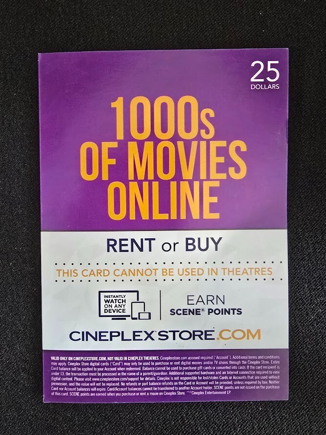 Cineplexstore.com GIFT Card $25 for Online Rent or Buy Not for Theatre