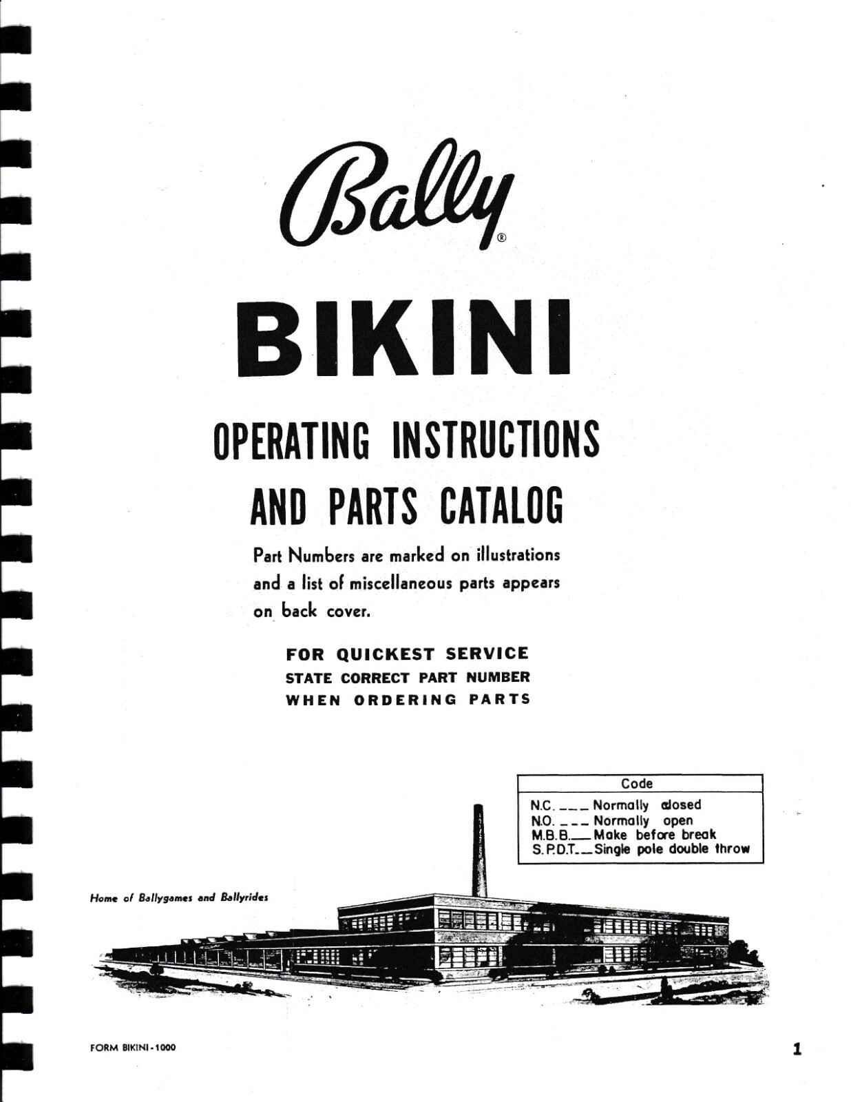 BALLY BIKINI [BINGO] PINBALL MACHINE MANUAL - NEW!