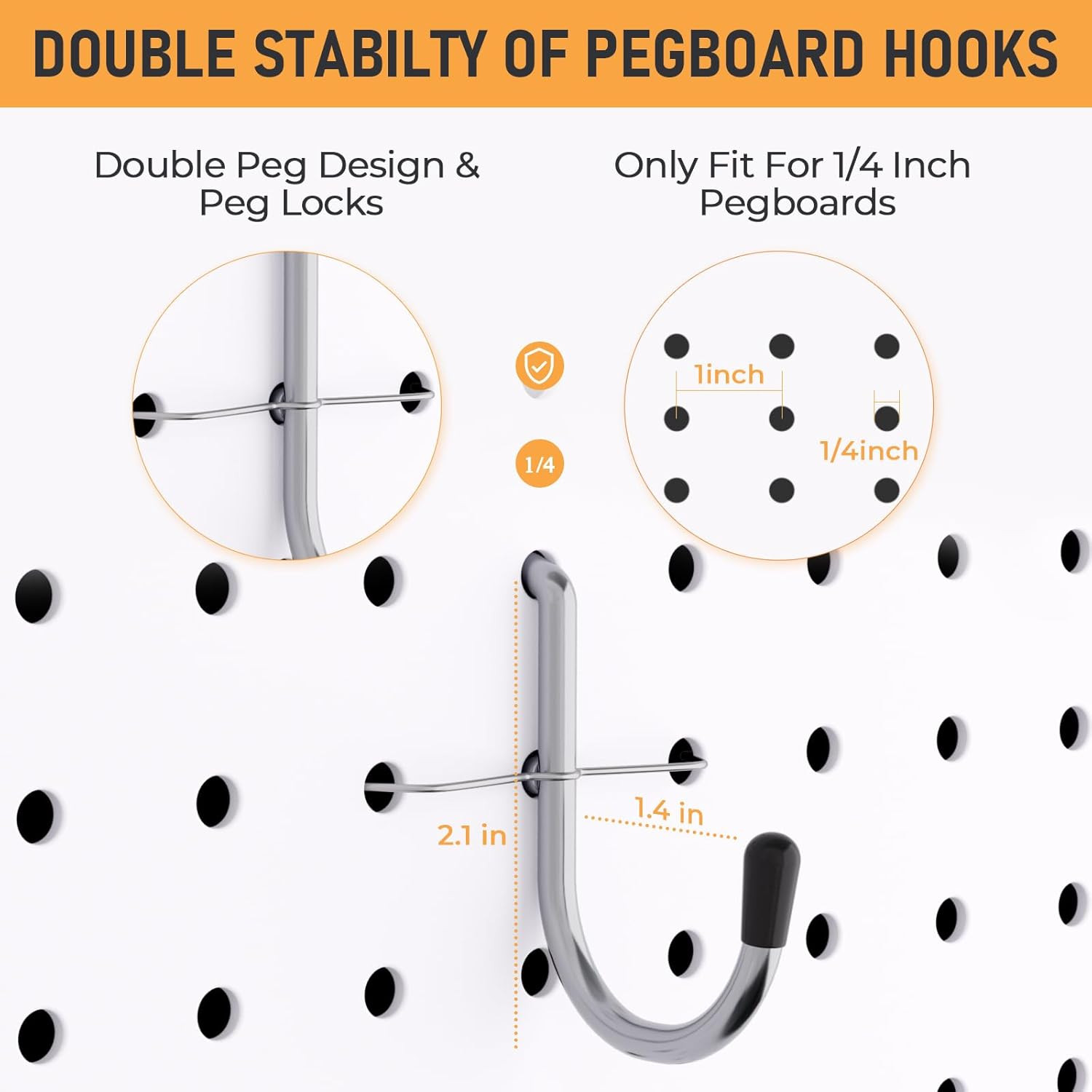 1/4" Pegboard Hooks 100PCS Heavy Duty Metal J Accessories Peg Locks Rubber Board