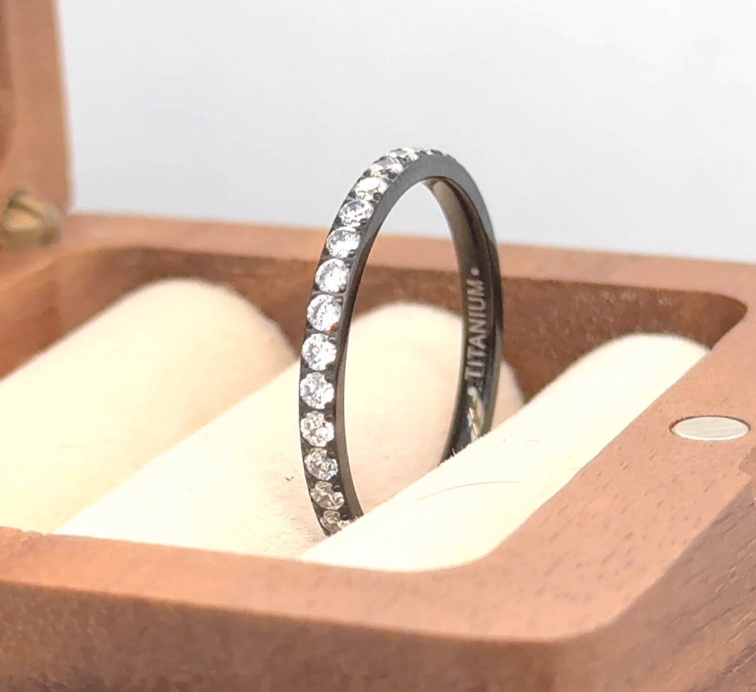 Black Titanium Lightweight Ring 2mm White CZ Inlay Christmas Gifts Ring For Her