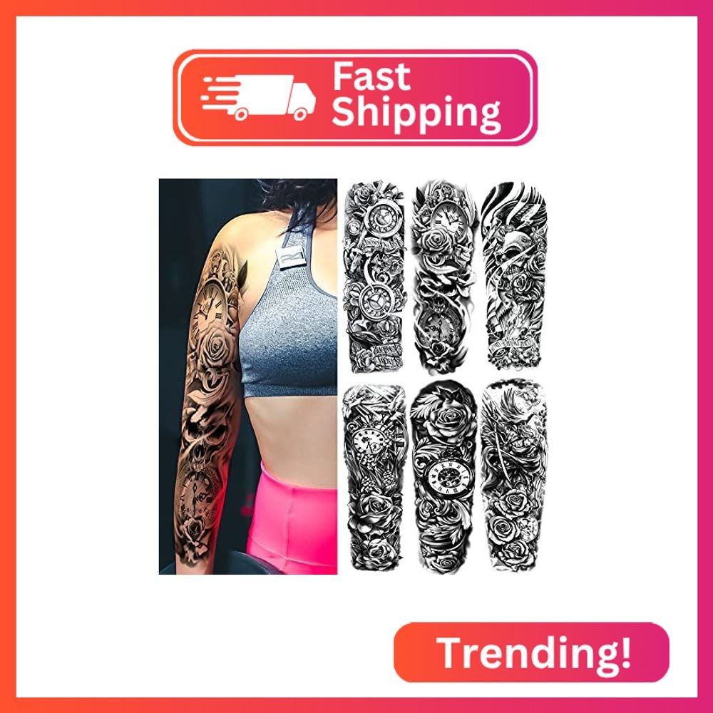 Kotbs 6 Sheets Large Flower Temporary Tattoo Sleeves for Women, Realistic Clock