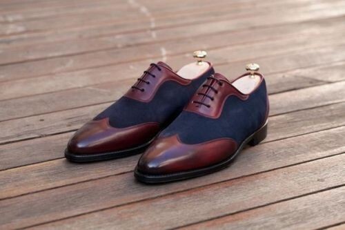 Handmade men two tone formal shoes, Men blue and brown dress shoes, Men shoes