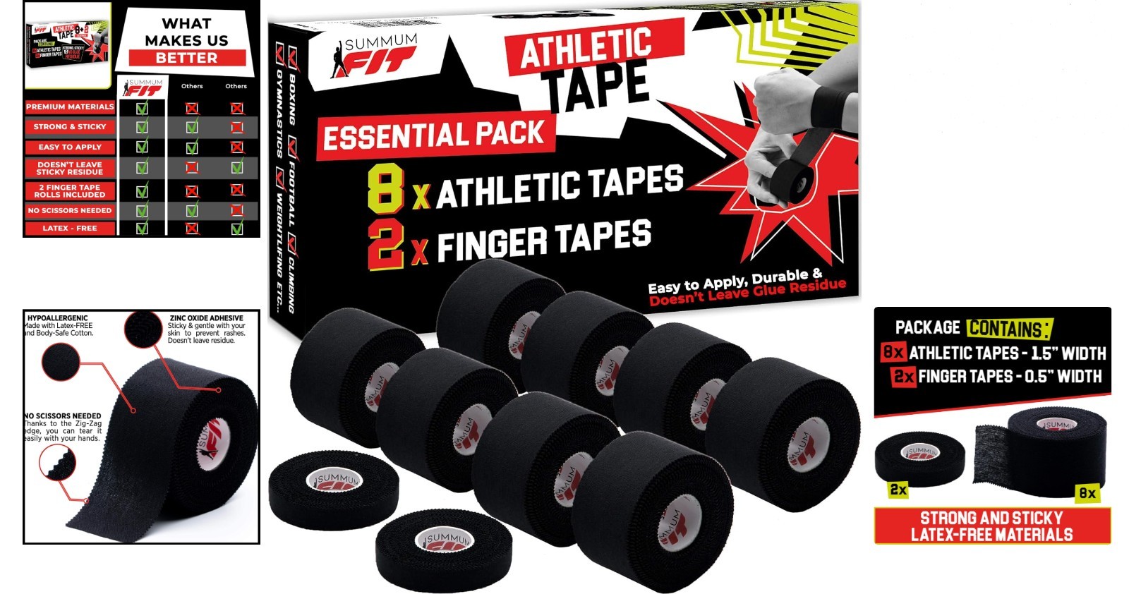 Versatile Black Athletic Tape Kit: Strong Support for Ankle, Wrist, and Fingers