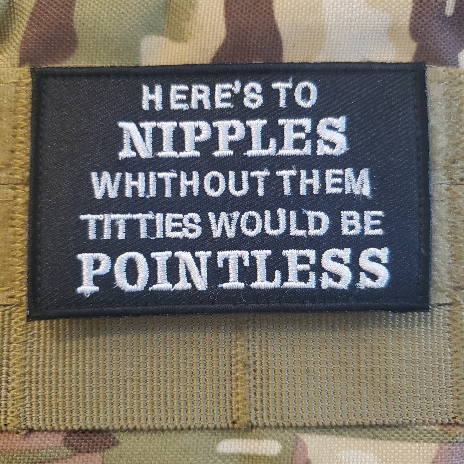 HERES TO NIPPLES Sarcastic Tactical Morale Patch HOOK BACKING
