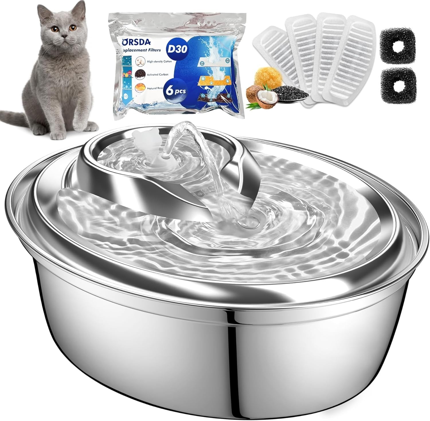 Cat Water Fountain Stainless Steel, 2L Pet Fountain for Cats Inside, Dog Wate...