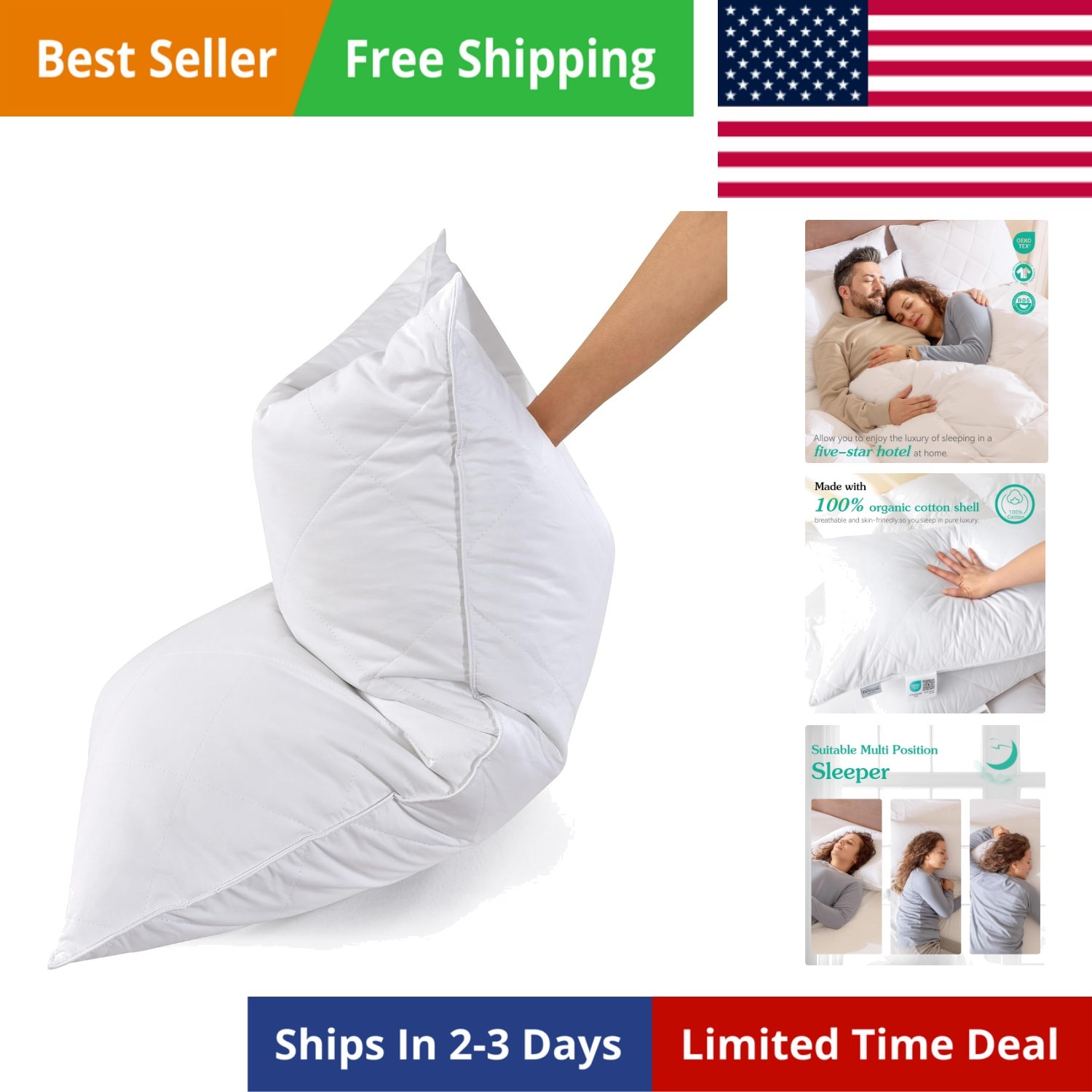 White Goose Feather Cotton Pillows Queen Size Set of 1- Soft 600 Thread Count...
