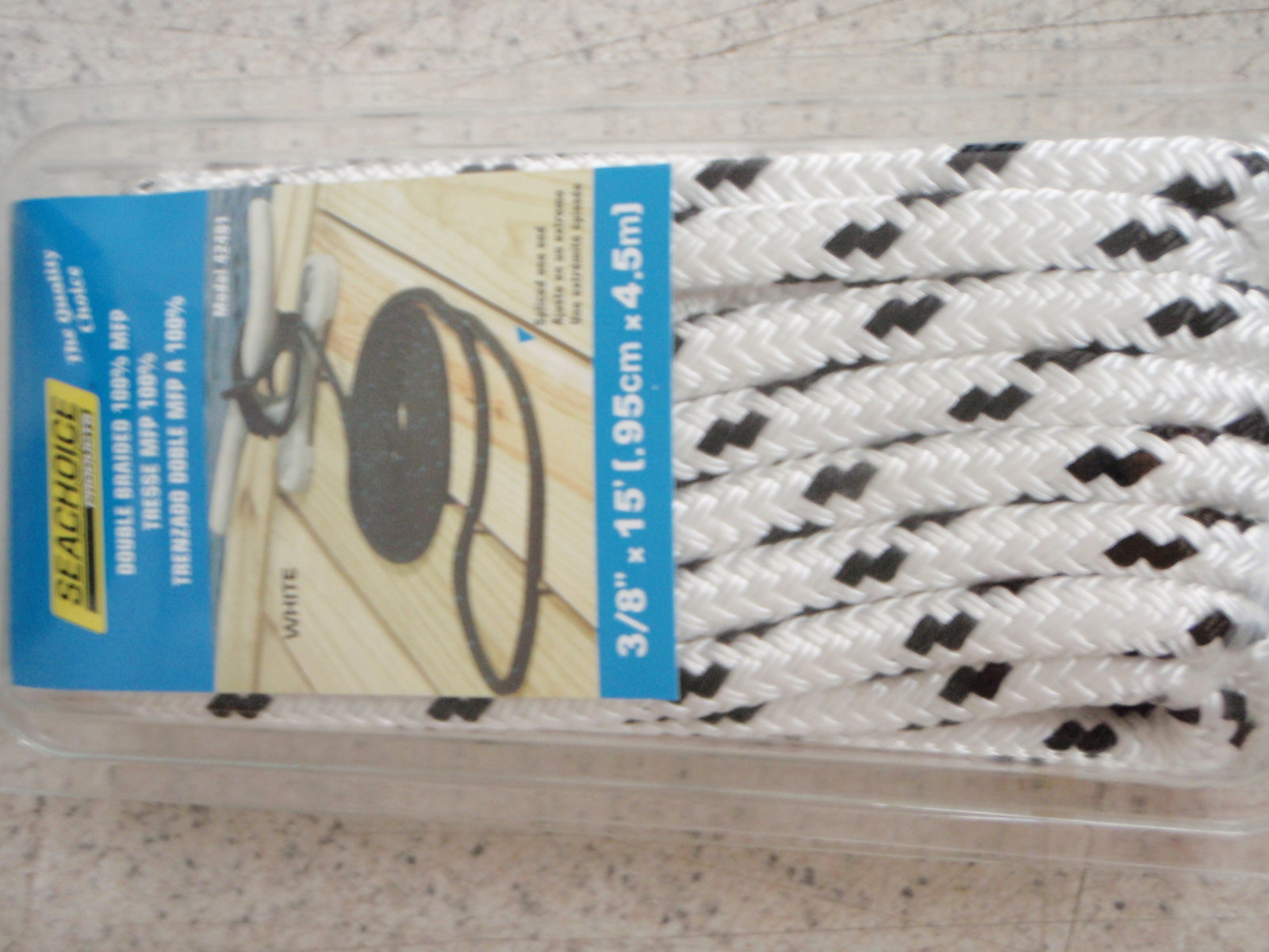 DOUBLE BRAID DOCK LINE  3/8" X 15FT SEACHOICE 42401 WHITE WITH BLACK TRACER EACH